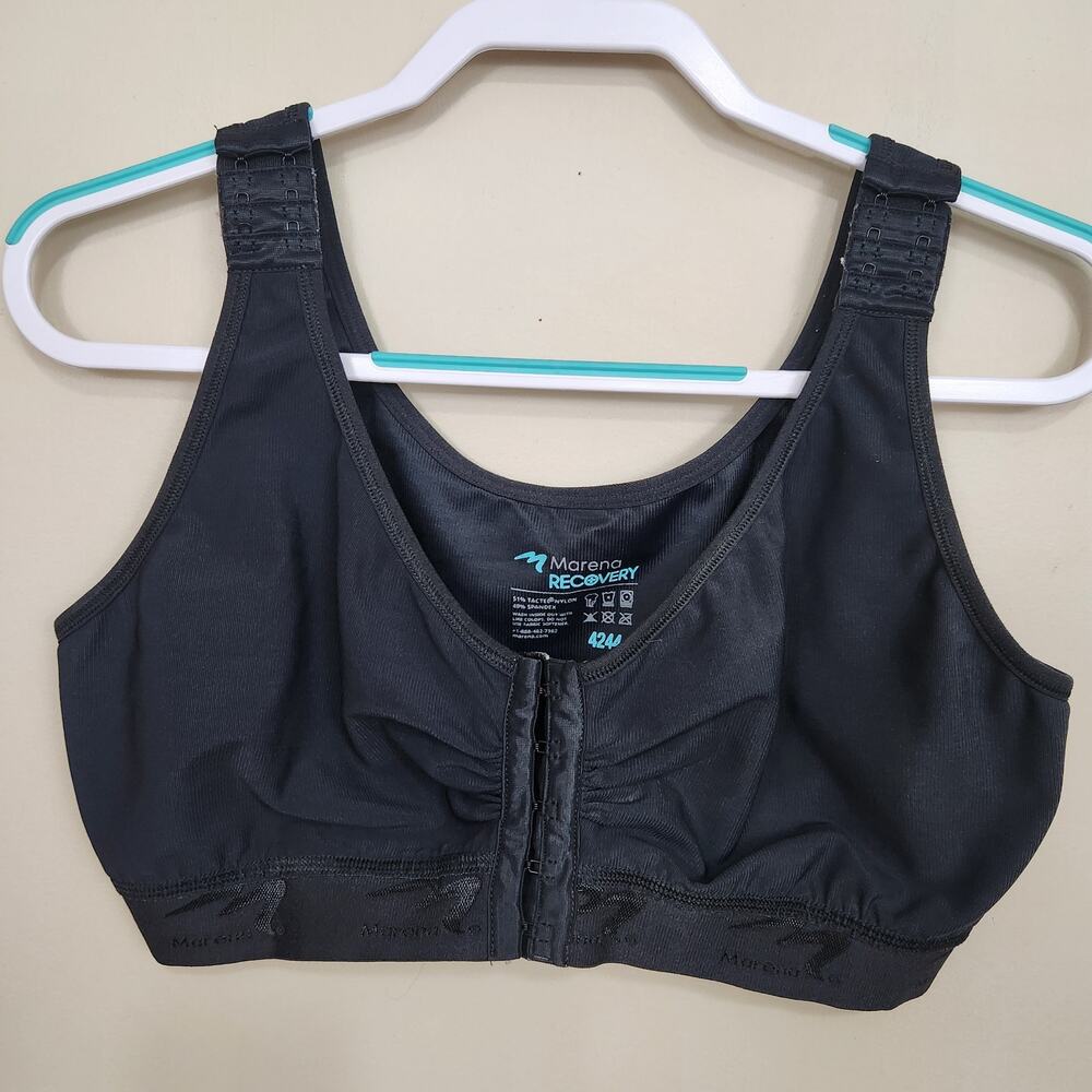Marena Recovery Shirred Front Closure Strap Post Surgery Bra Black SZ 4244 XL